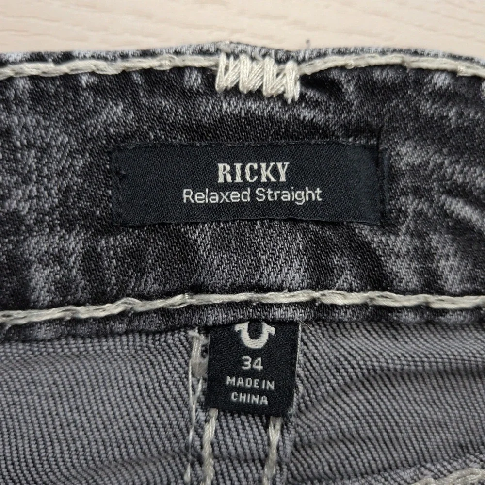 True Religion Ricky Relaxed Straight Jeans Mens 34 Black Acid Wash White Stitch